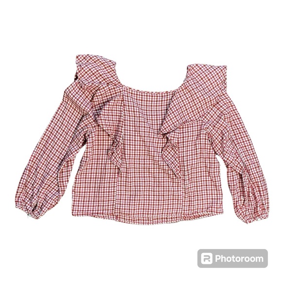 J. Crew Women's Red Plaid Ruffle Long Sleeve Blouse Top Square Neck Size L - Picture 2 of 12